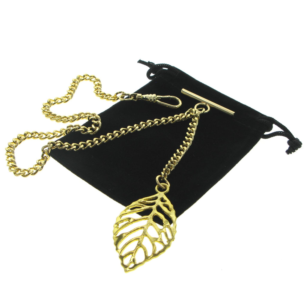 Gold Color Albert Chain with Gold Leaf Design Fob AC120
