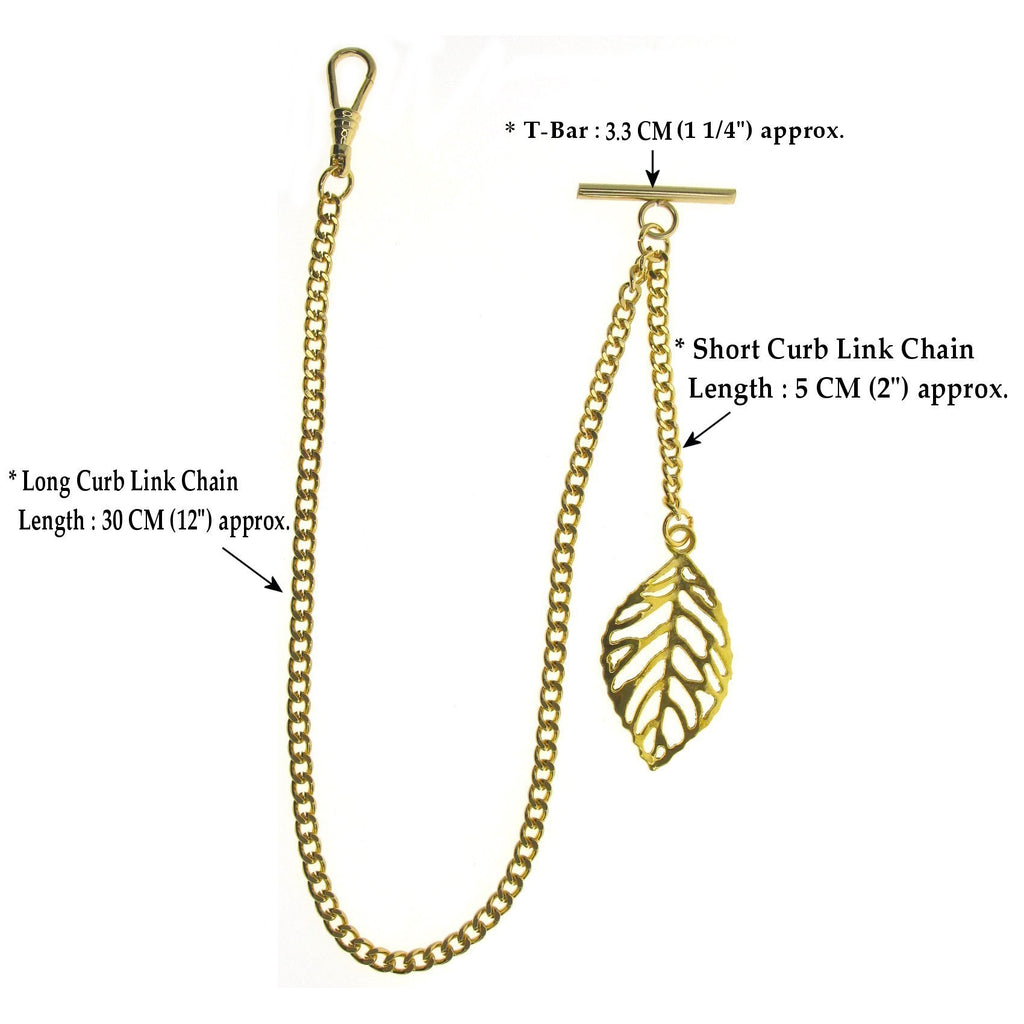 Gold Color Albert Chain with Gold Leaf Design Fob AC120