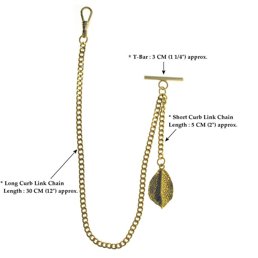 Gold Color Albert Chain with Gold Leaf Design Fob AC121