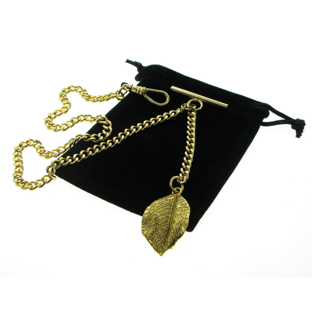 Gold Color Albert Chain with Gold Leaf Design Fob AC121