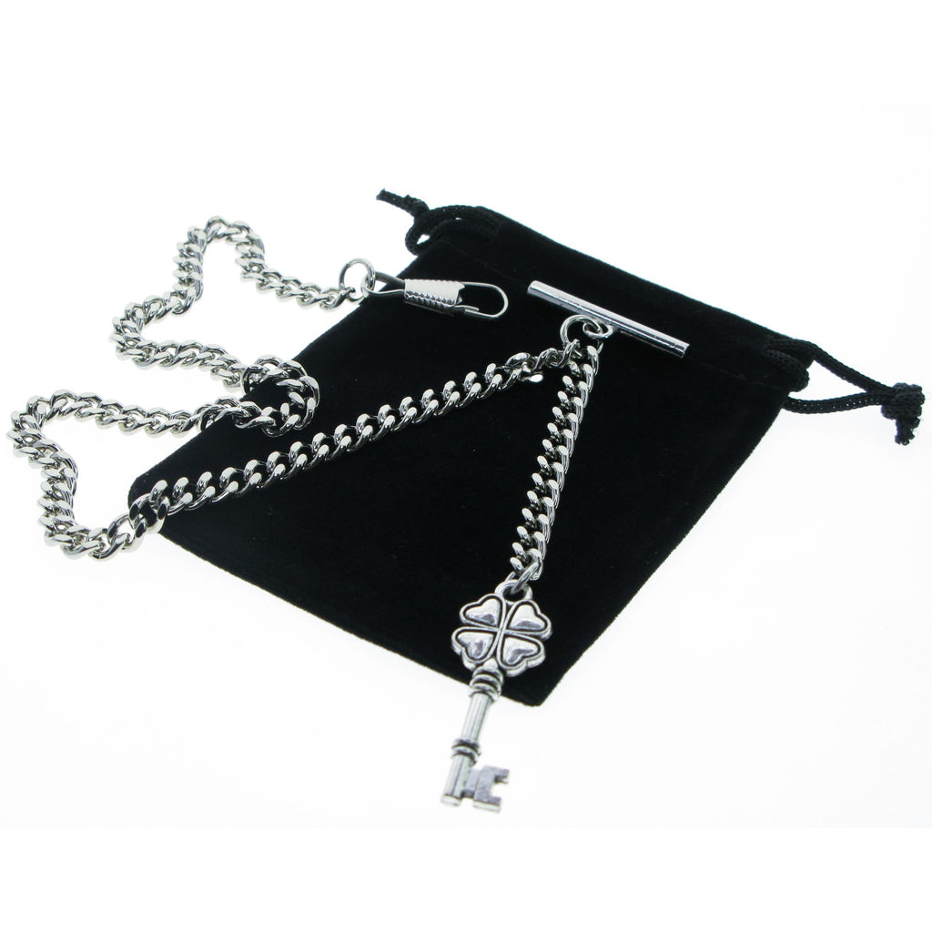 Silver Albert Chain with Four-Leaf Clover Key Design Fob AC125