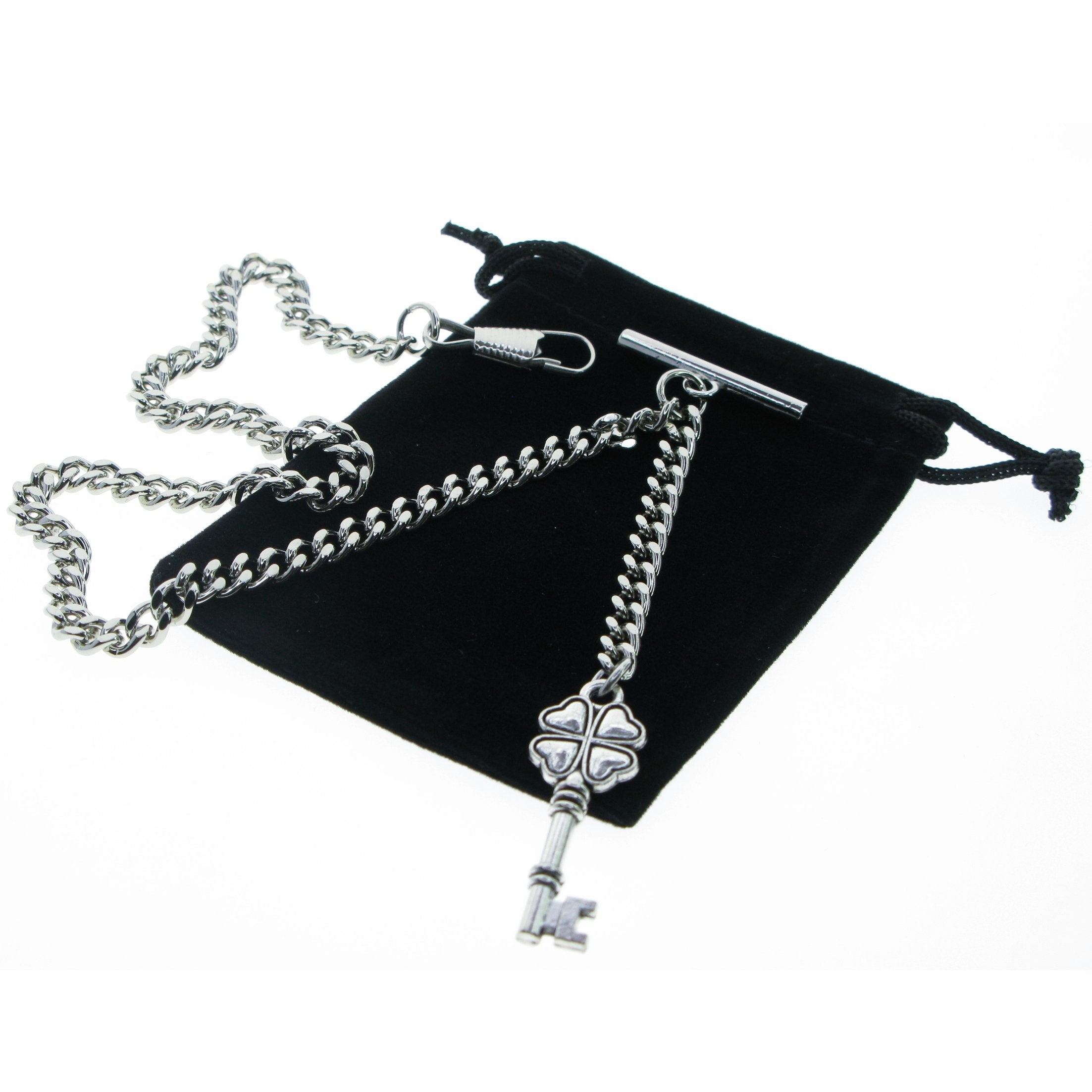 Silver Albert Chain with Four-Leaf Clover Key Design Fob AC125