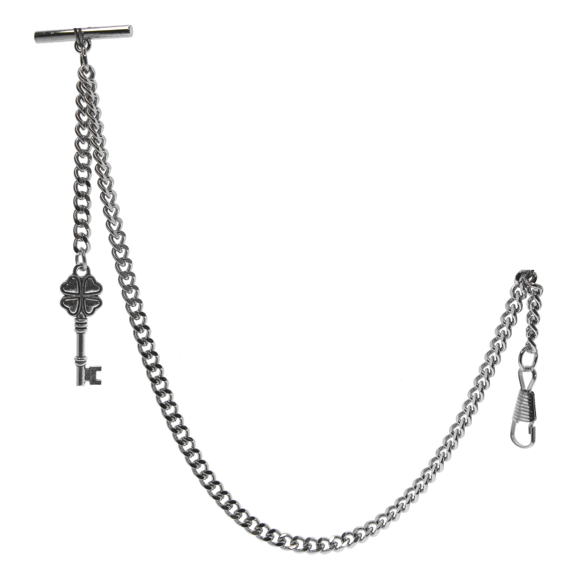 Silver Albert Chain with Four-Leaf Clover Key Fob