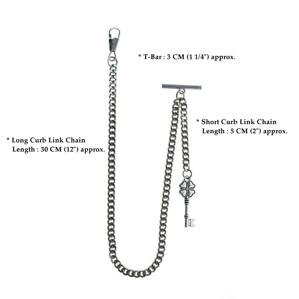Silver Albert Chain with Four-Leaf Clover Key Design Fob AC125