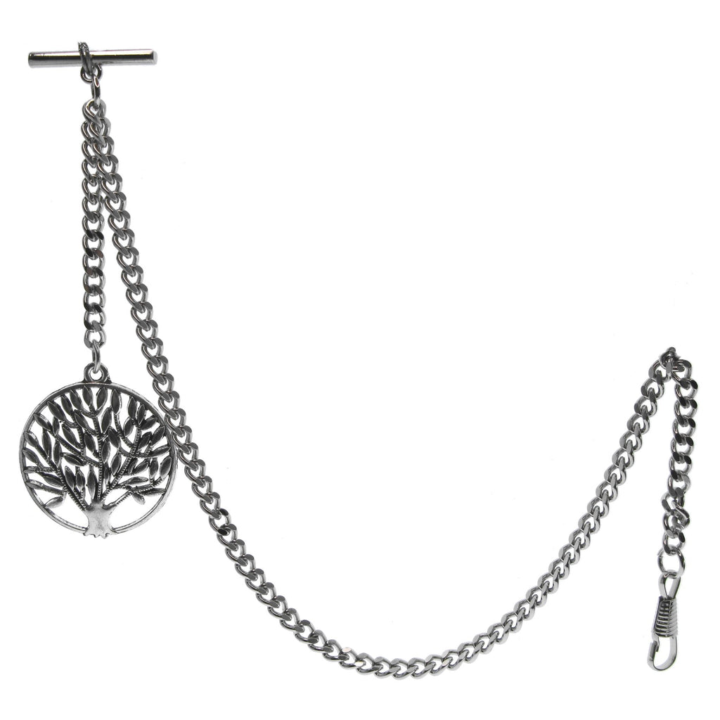 Silver Albert Chain with Leaf-Tree Fob