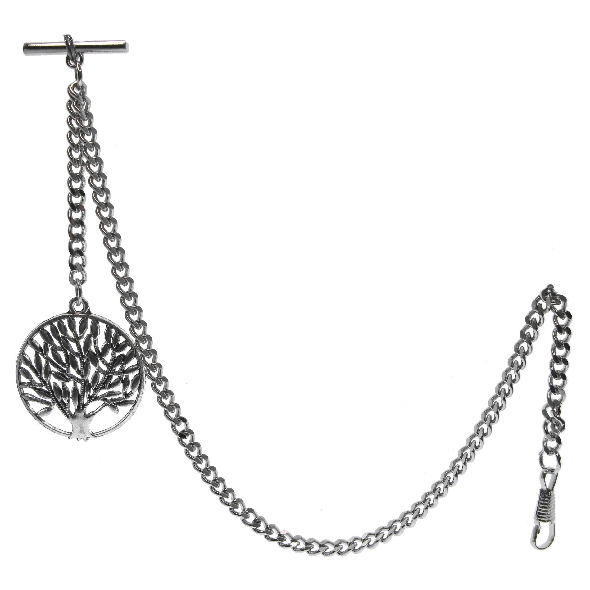 Silver Albert Chain with Leaf-Tree Fob
