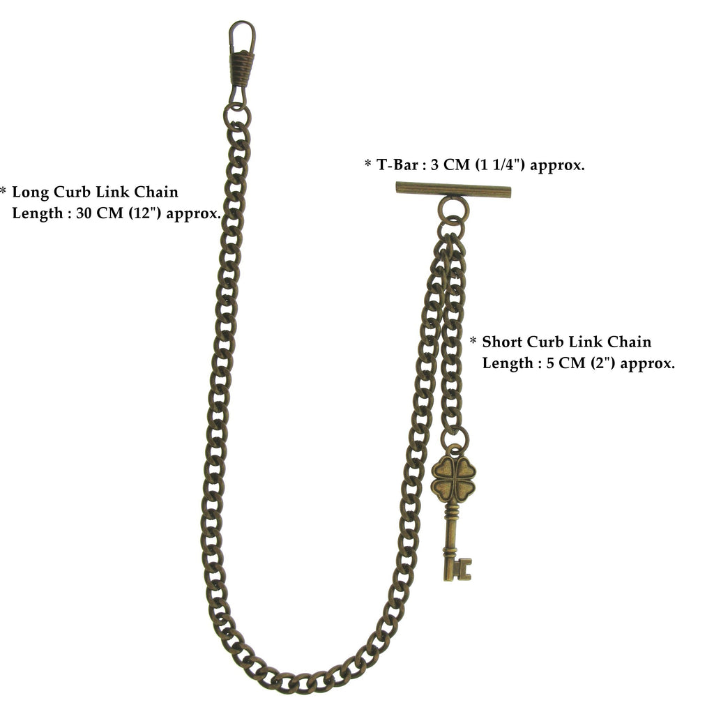 Bronze Color Albert Chain with Antique Four-Leaf Design Key Fob AC129
