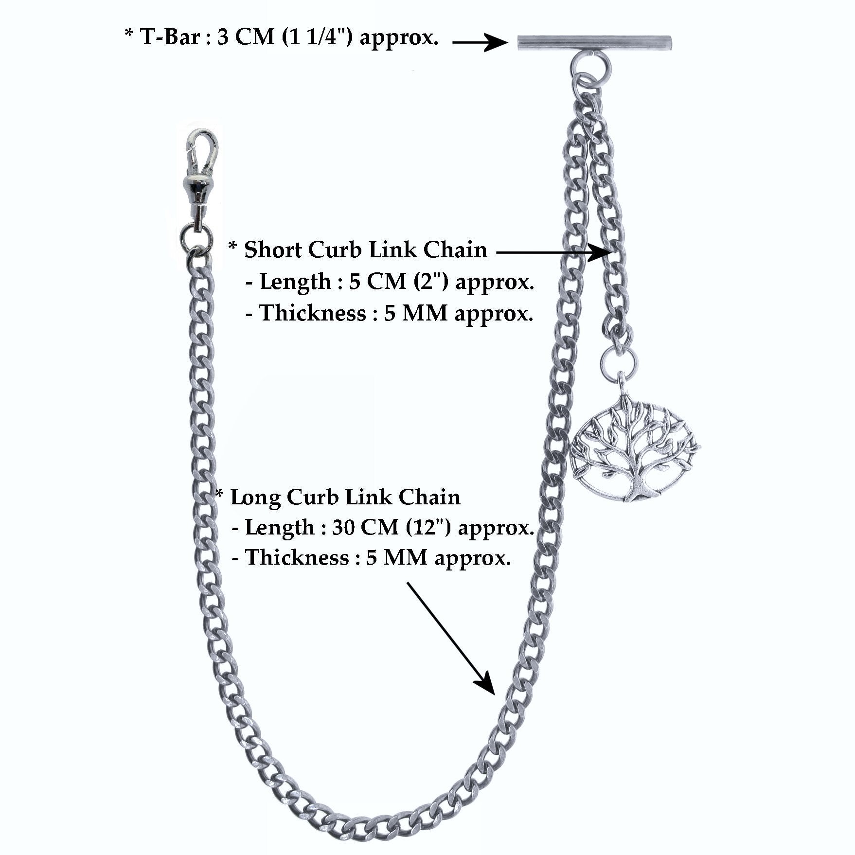 Silver Color Albert Chain with Life Tree Design Fob AC12