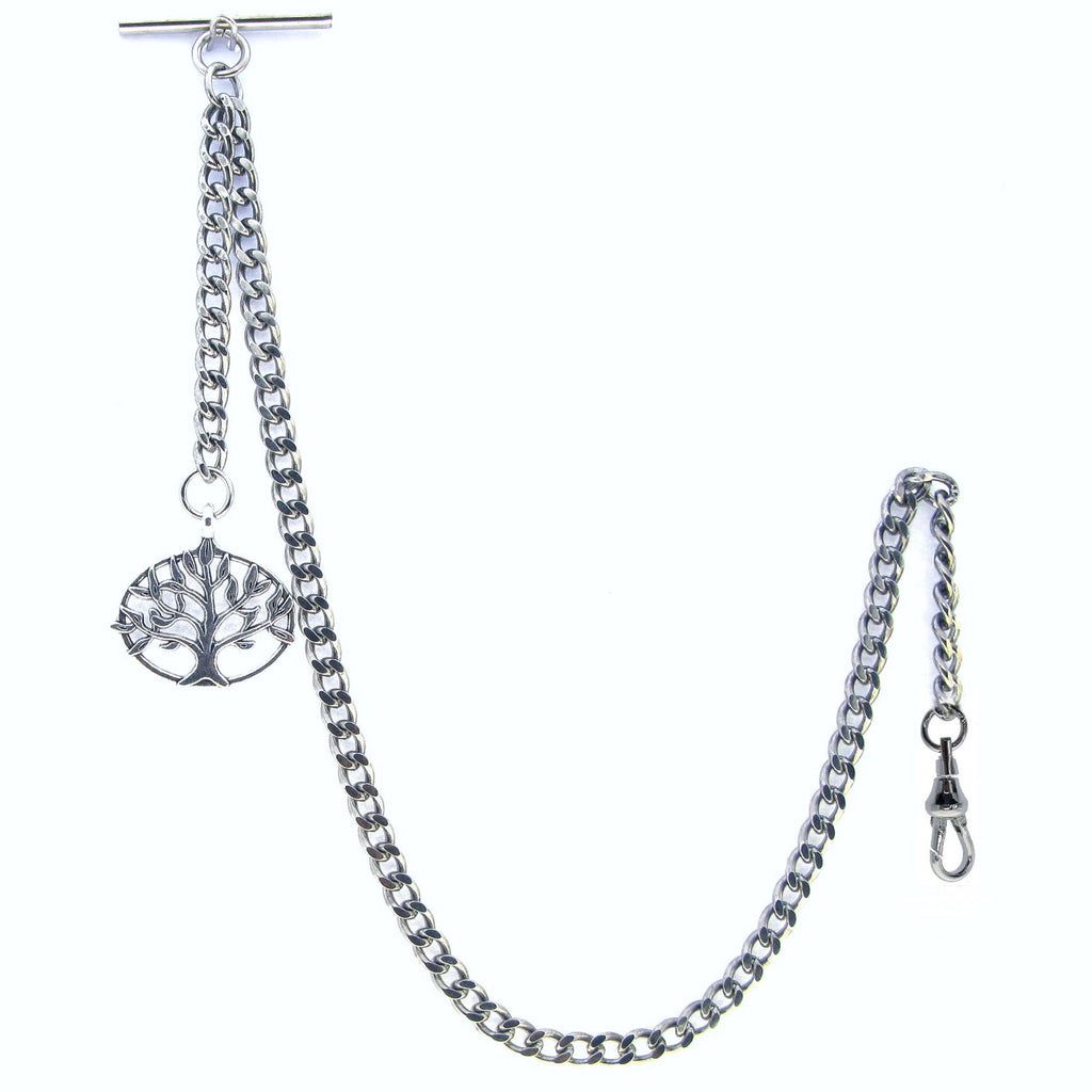 Silver Albert Chain with Leaf Tree Design Fob