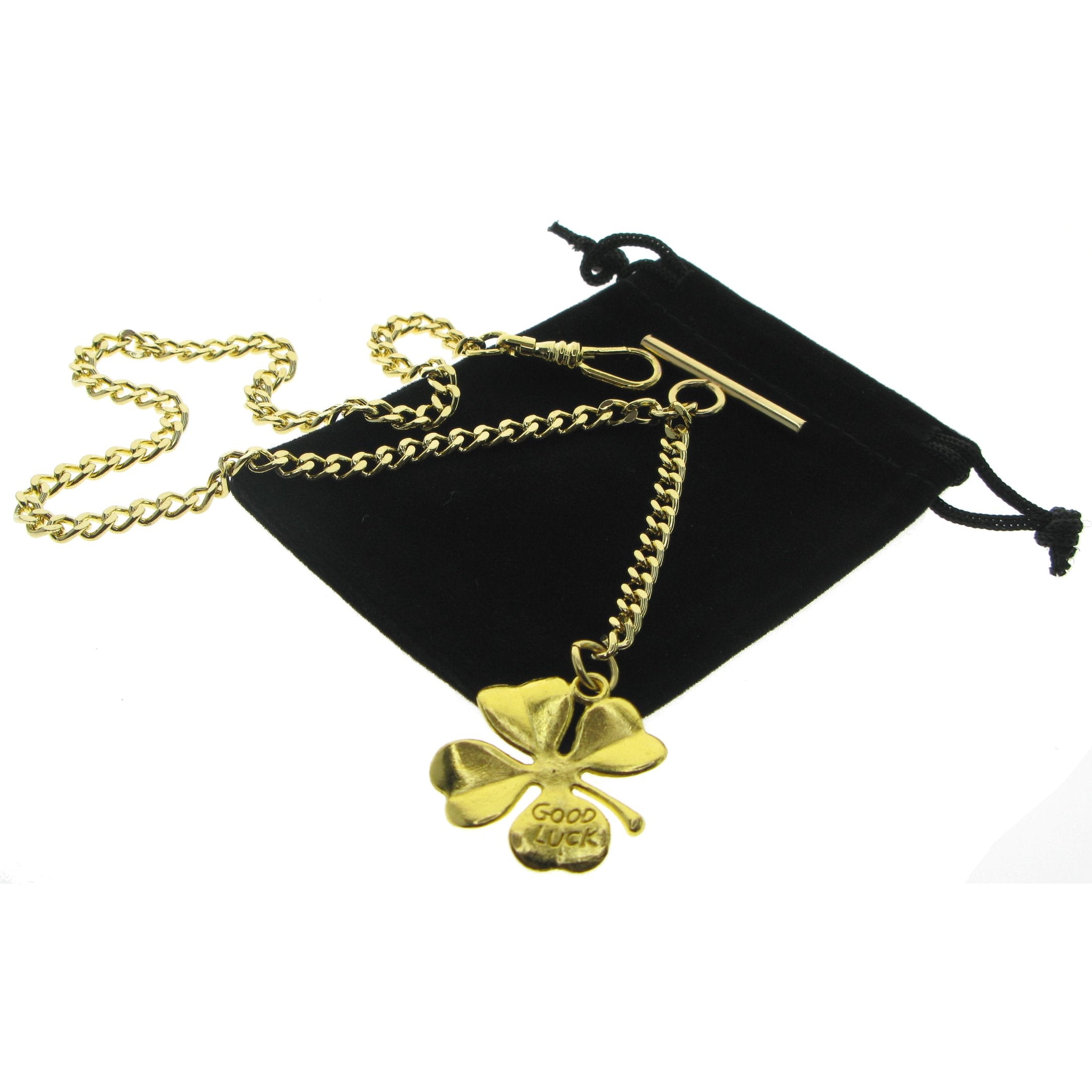 Gold Color Albert Chain with Four-Leaf Clover Design Fob AC131