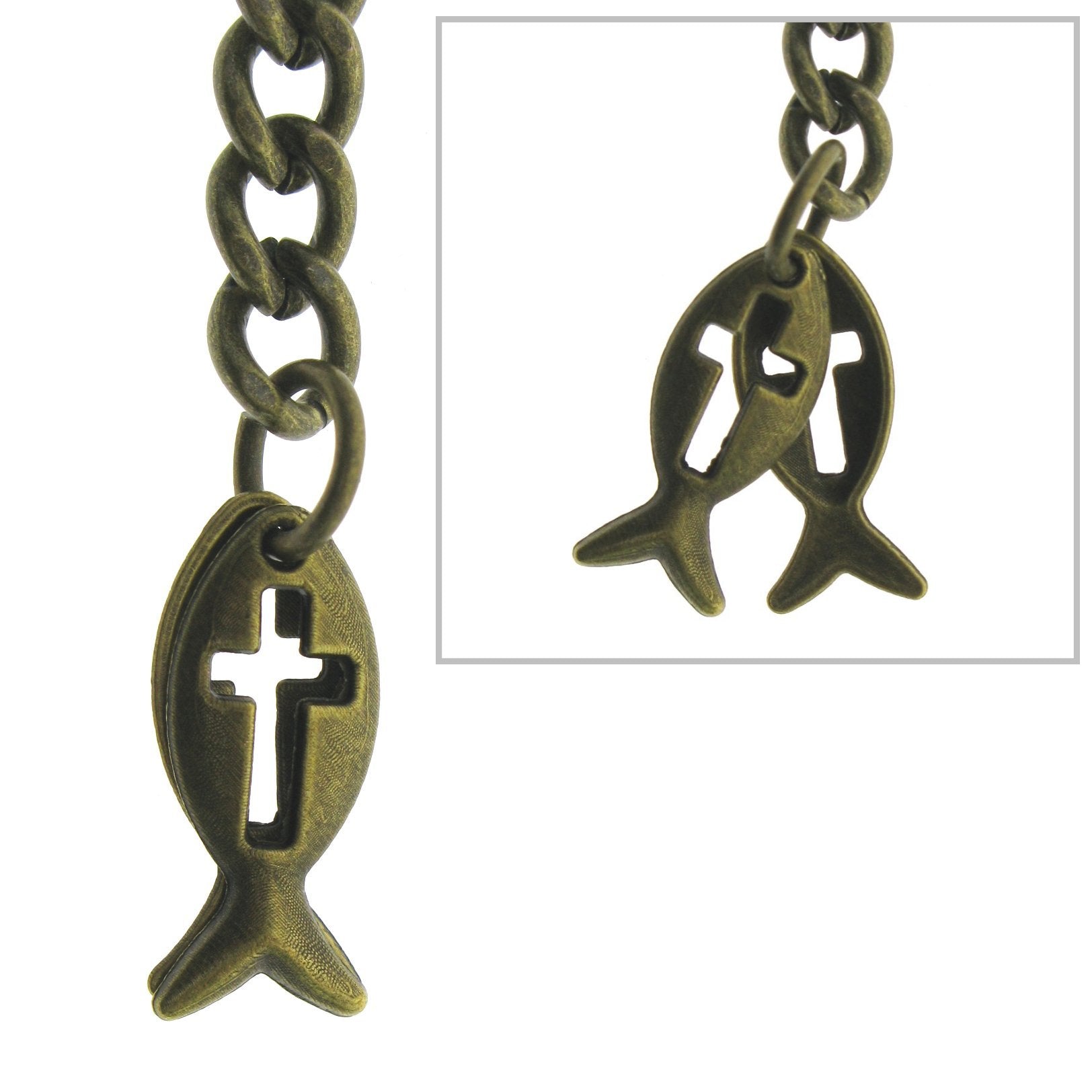 Bronze Color Albert Chain with Religious Fish Design Fob T Bar AC133