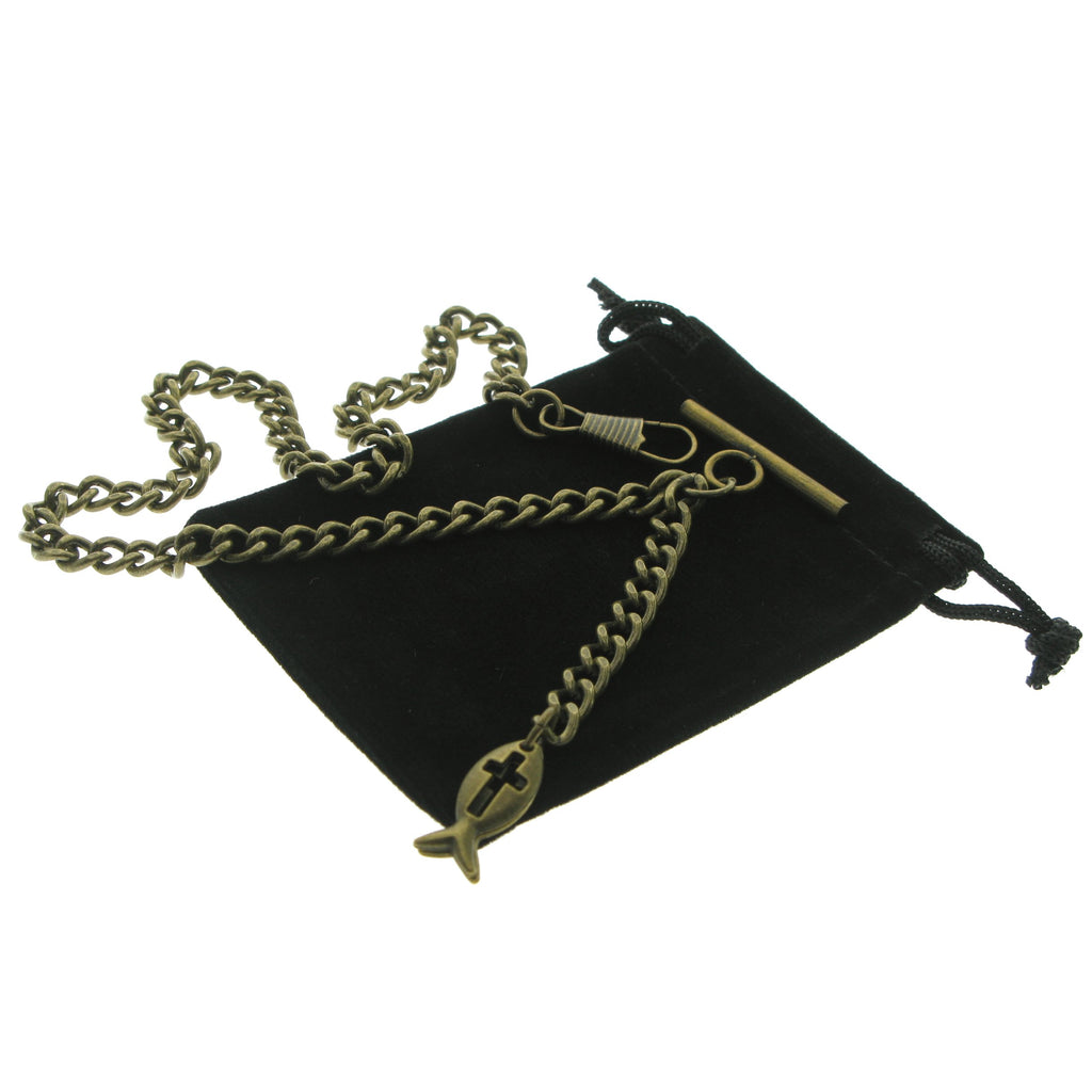 Bronze Color Albert Chain with Religious Fish Design Fob T Bar AC133