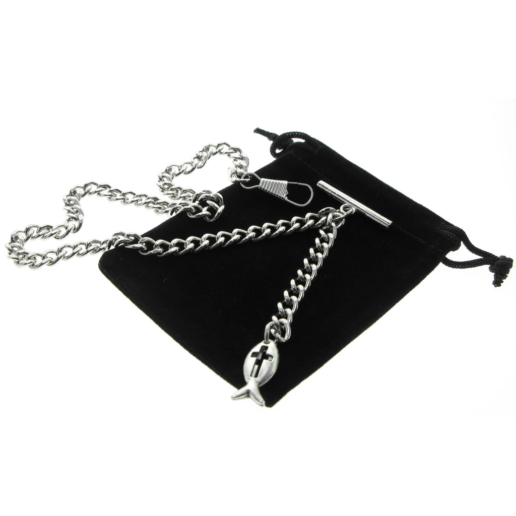 Silver Color Albert Chain with Christian Fish Design Fob AC134