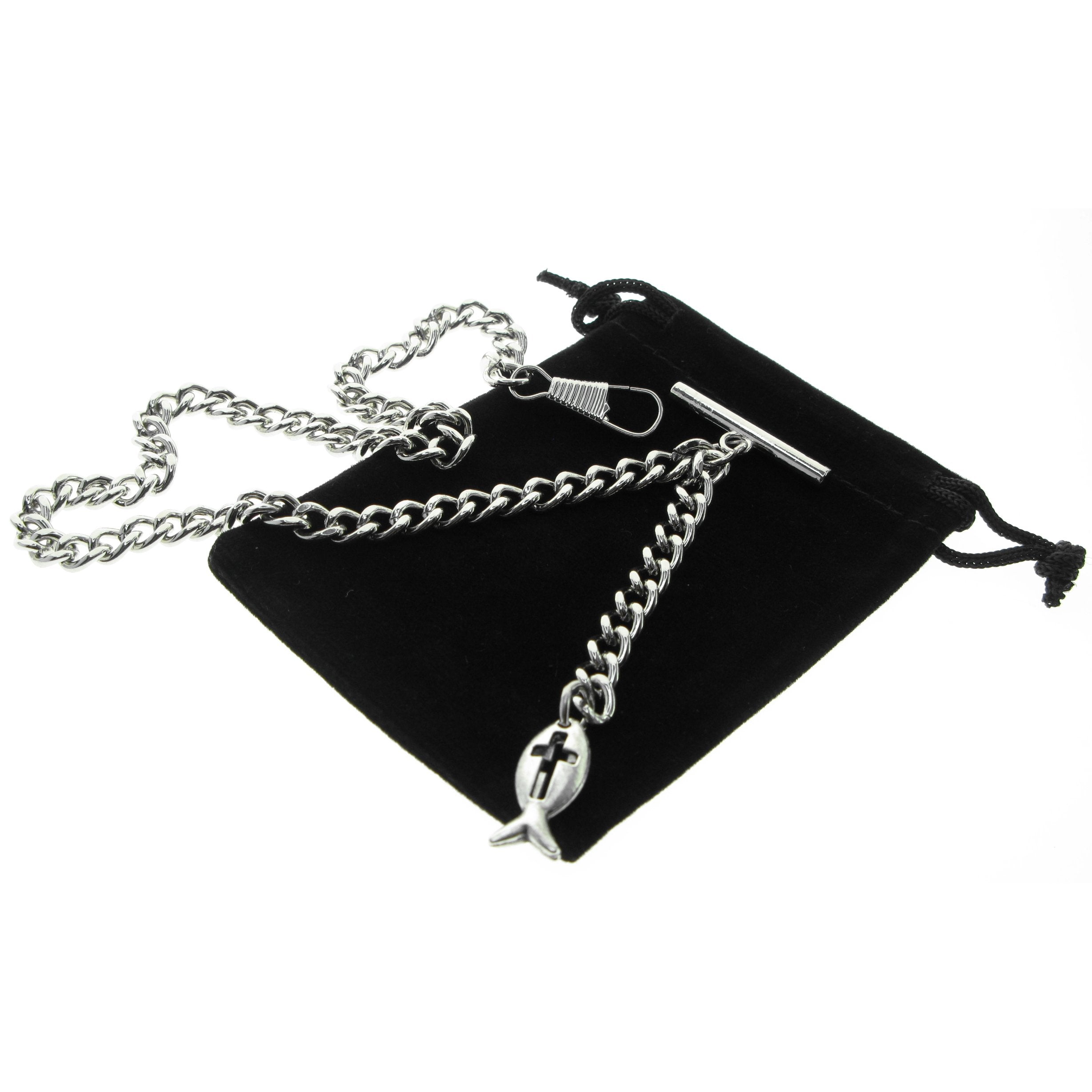 Silver Color Albert Chain with Christian Fish Design Fob AC134