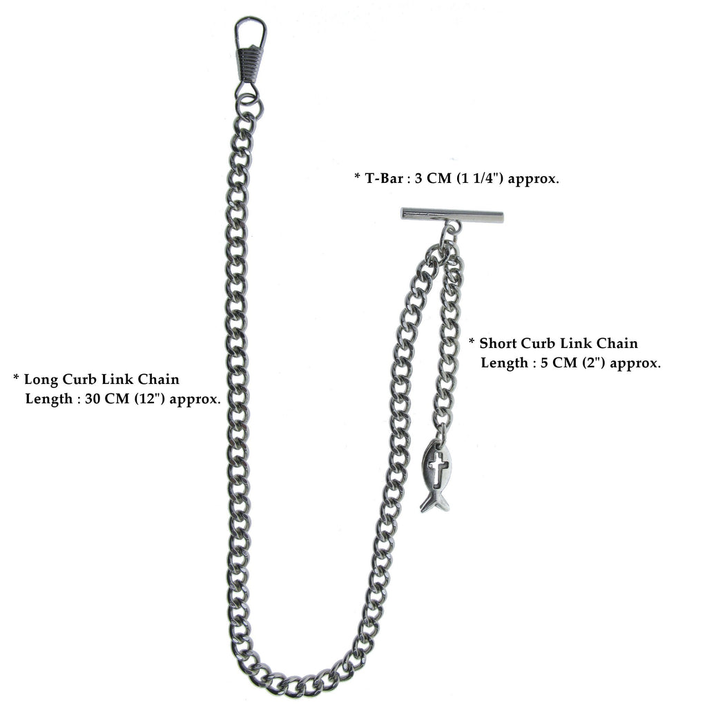 Silver Color Albert Chain with Christian Fish Design Fob AC134