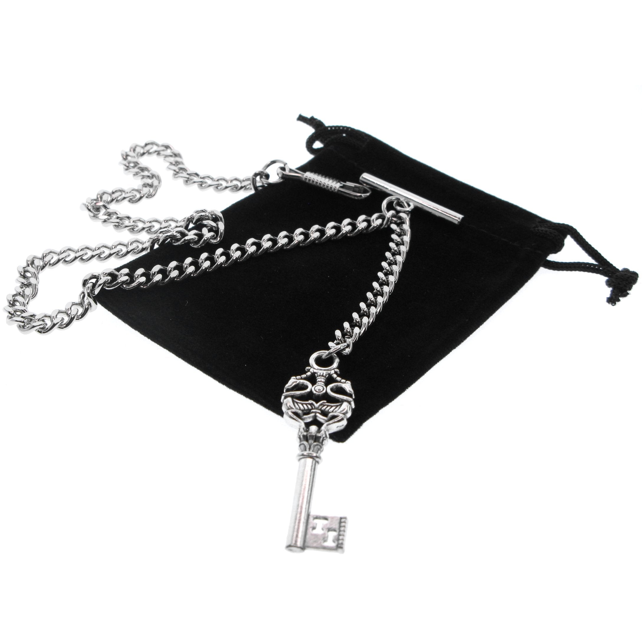 Silver Color Albert Chain with Antique Key Design Fob AC136