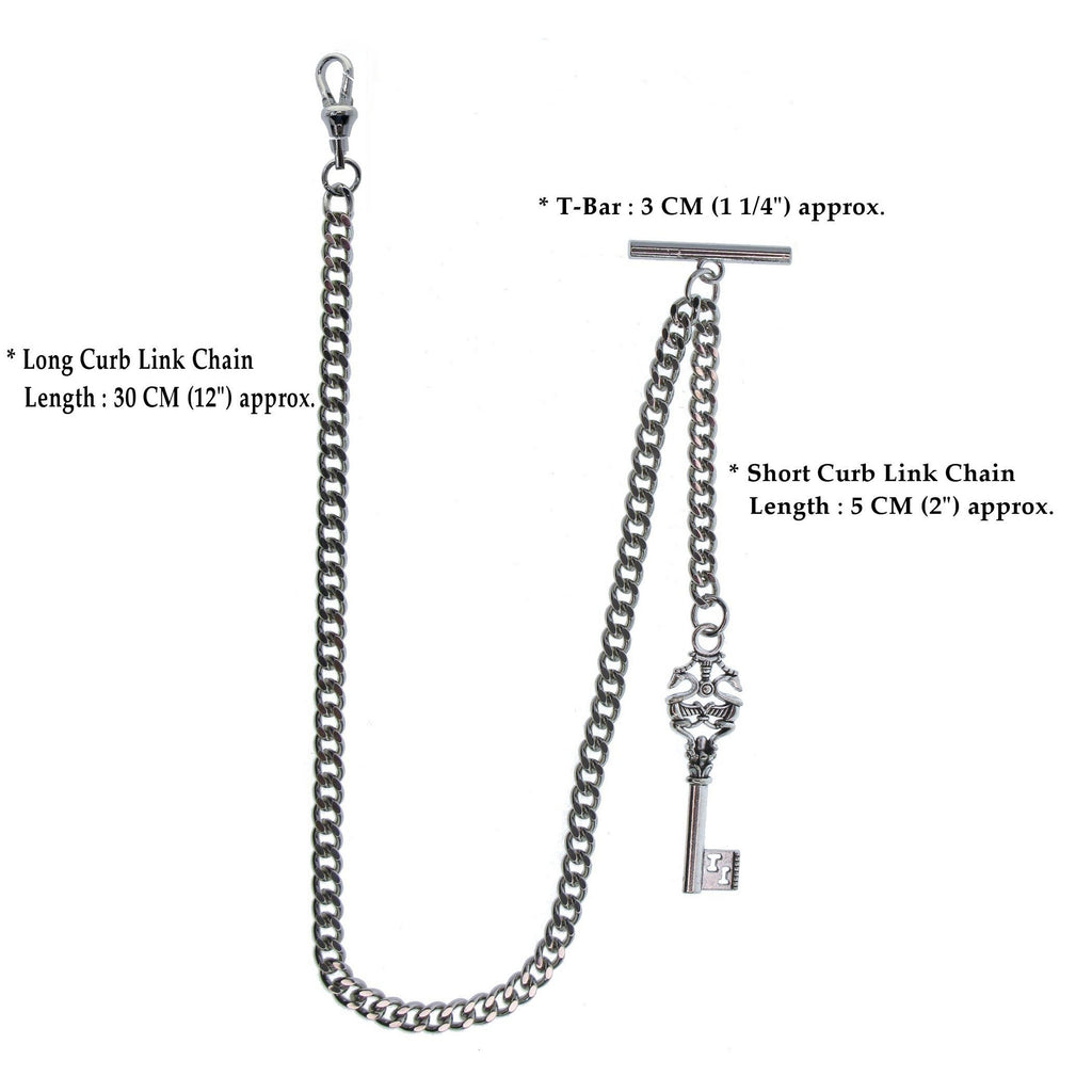 Silver Color Albert Chain with Antique Key Design Fob AC136