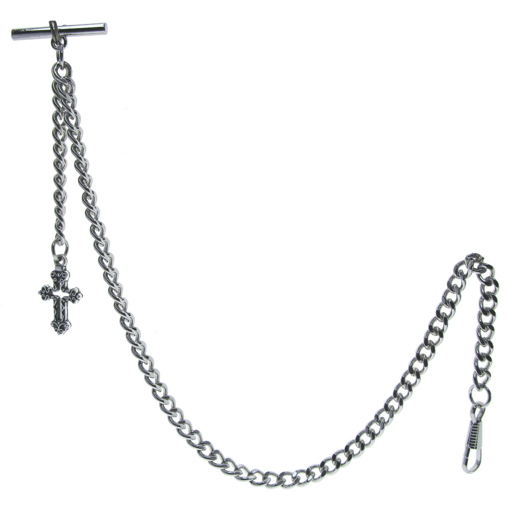 Silver Albert Chain with Religious Cross Fob