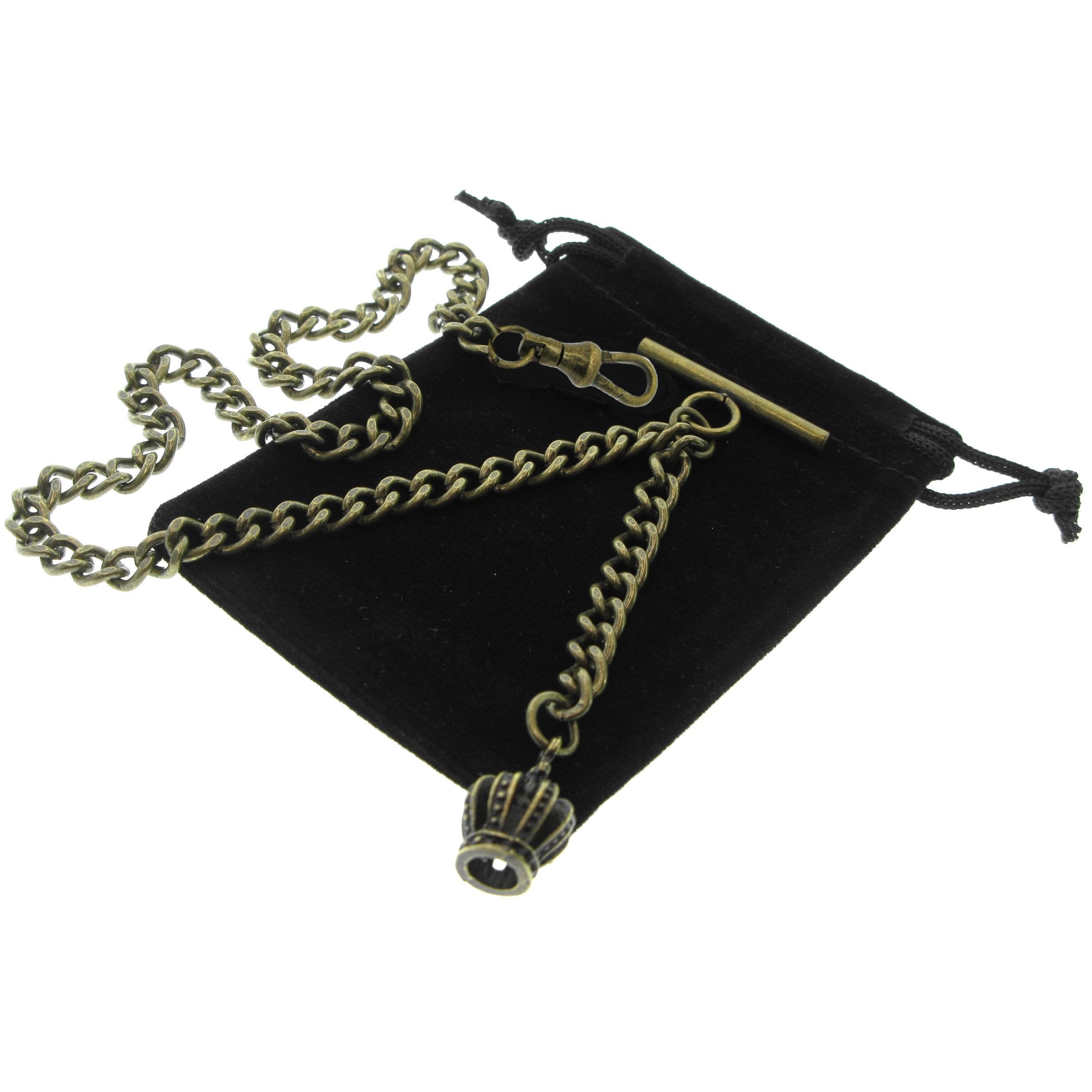 Albert Chain Pocket Watch Chains for Men Antique Brass Plating with Crown Design Fob T Bar AC145