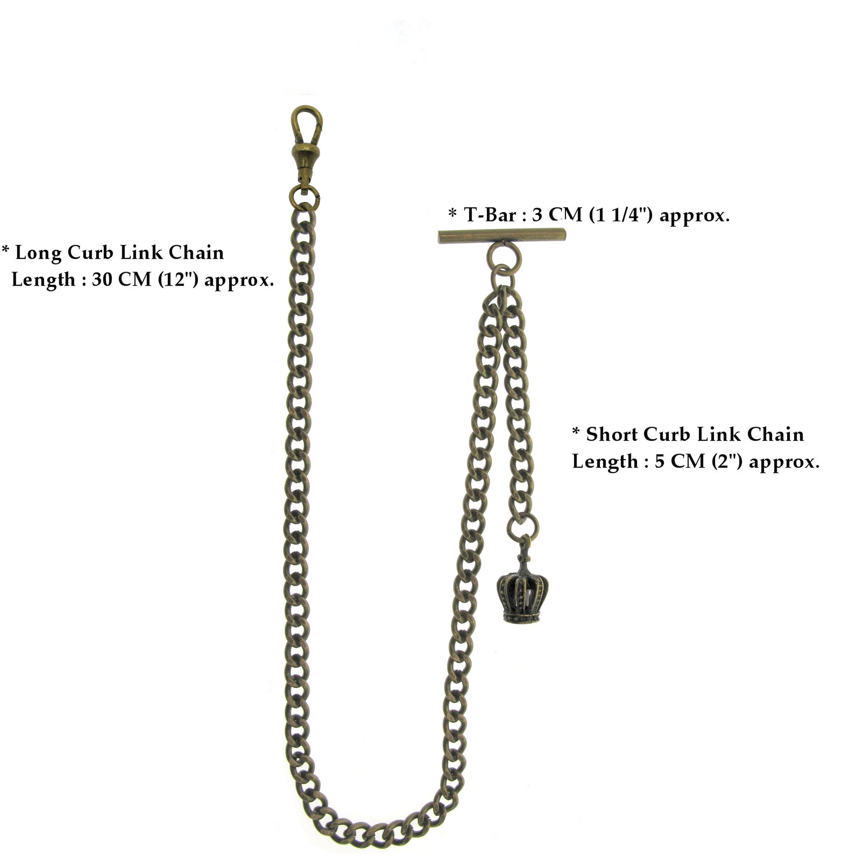 Albert Chain Pocket Watch Chains for Men Antique Brass Plating with Crown Design Fob T Bar AC145