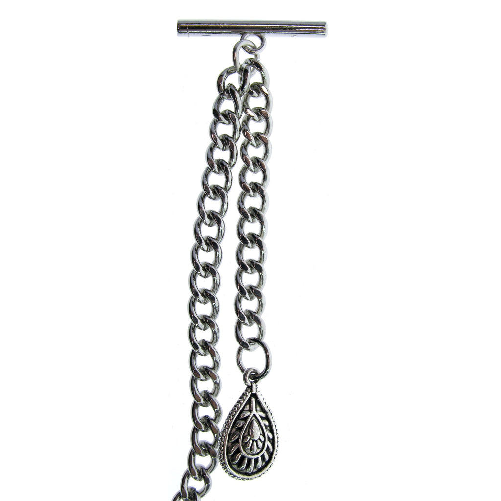 Albert Chain Silver Tone Fine Polish Pocket Watch Chain Vest Chain for Men with Water Drop Shape Charm Fob on Drop T Bar Swivel Clasp AC149