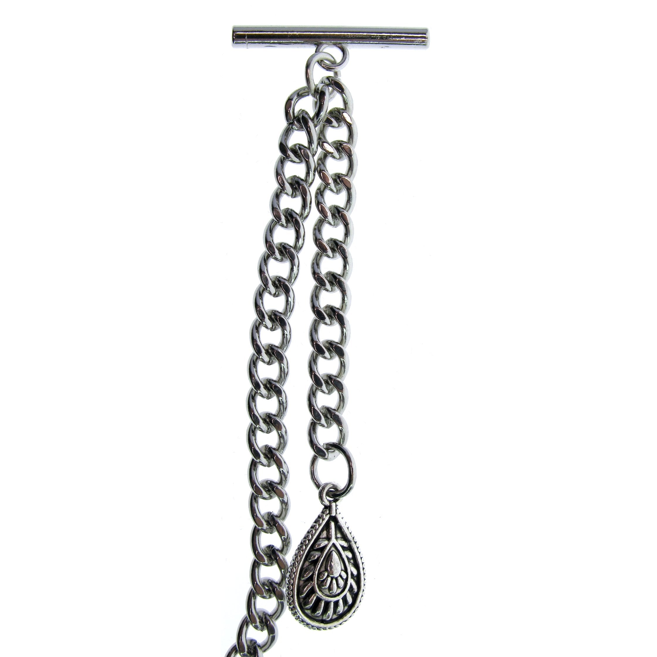 Albert Chain Silver Tone Fine Polish Pocket Watch Chain Vest Chain for Men with Water Drop Shape Charm Fob on Drop T Bar Swivel Clasp AC149