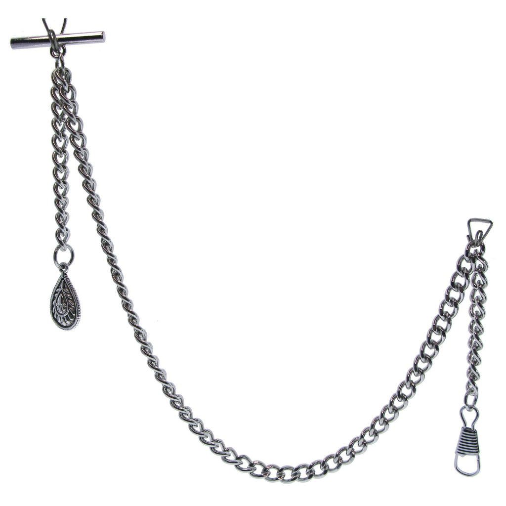 Albert Chain Silver Tone Fine Polish Pocket Watch Chain Vest Chain for Men with Water Drop Shape Charm Fob on Drop T Bar Swivel Clasp AC149