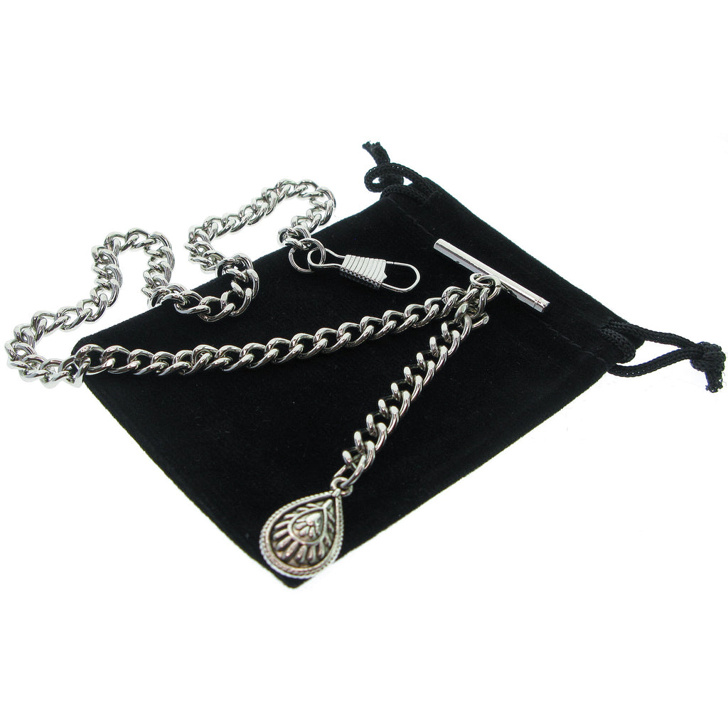 Albert Chain Silver Tone Fine Polish Pocket Watch Chain Vest Chain for Men with Water Drop Shape Charm Fob on Drop T Bar Swivel Clasp AC149