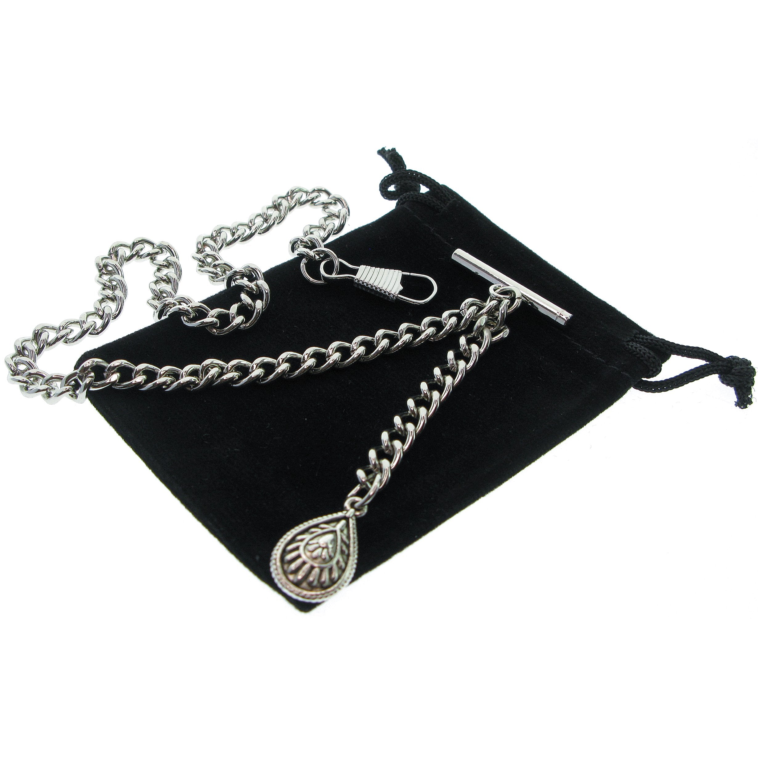 Albert Chain Silver Tone Fine Polish Pocket Watch Chain Vest Chain for Men with Water Drop Shape Charm Fob on Drop T Bar Swivel Clasp AC149