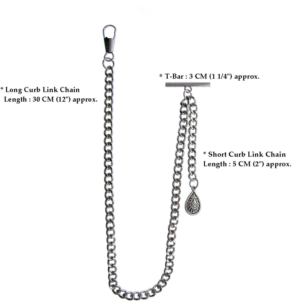 Albert Chain Silver Tone Fine Polish Pocket Watch Chain Vest Chain for Men with Water Drop Shape Charm Fob on Drop T Bar Swivel Clasp AC149