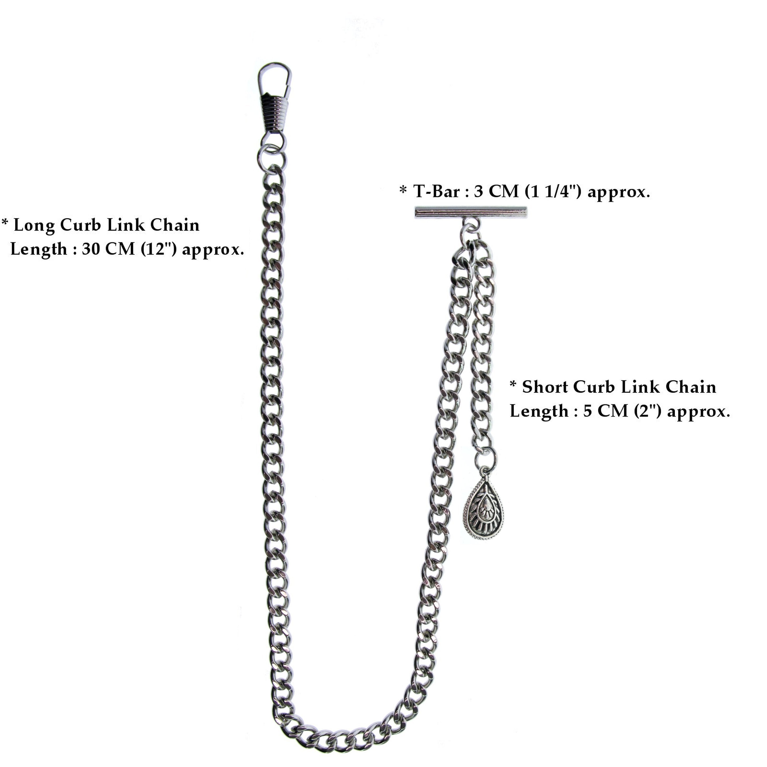 Albert Chain Silver Tone Fine Polish Pocket Watch Chain Vest Chain for Men with Water Drop Shape Charm Fob on Drop T Bar Swivel Clasp AC149