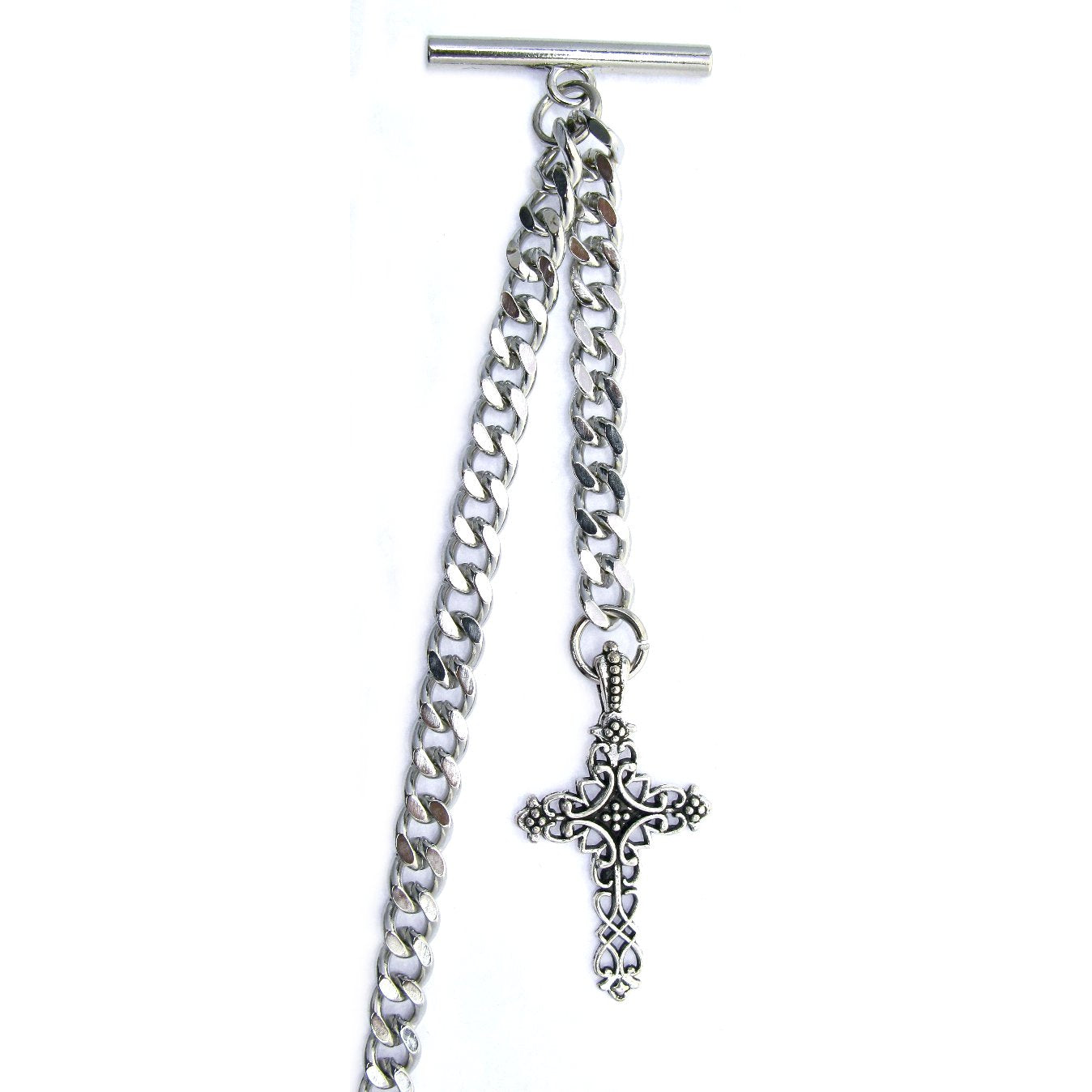 Albert Chain Silver Tone Fine Polish Pocket Watch Chain Vest Chain with Religious Cross Fob on Drop T Bar Swivel Clasp AC150
