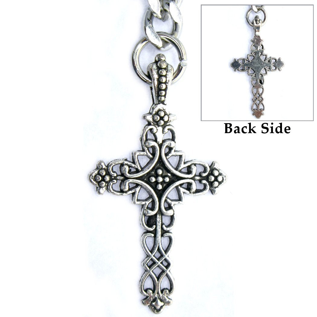 Albert Chain Silver Tone Fine Polish Pocket Watch Chain Vest Chain with Religious Cross Fob on Drop T Bar Swivel Clasp AC150