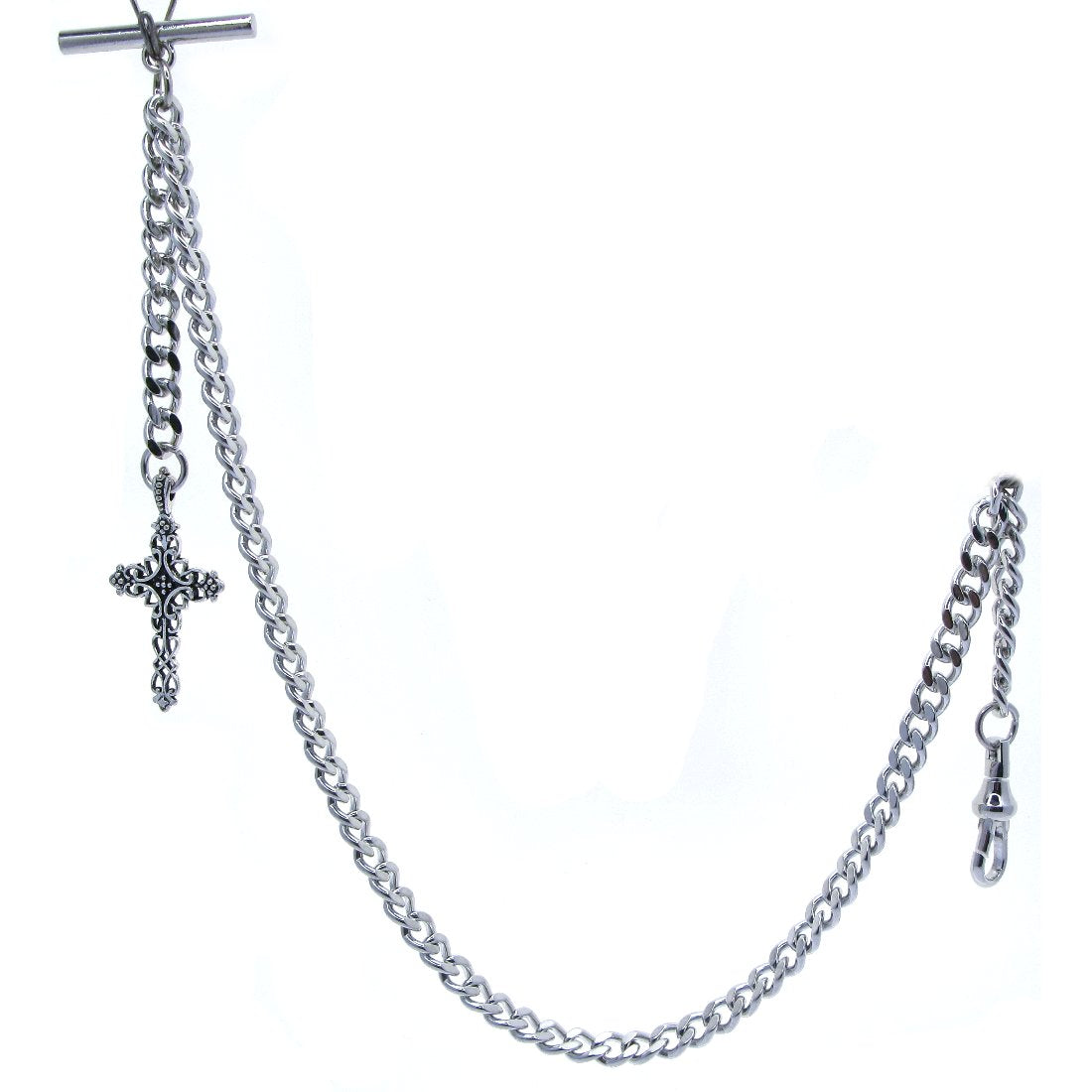 Albert Chain Silver Tone Fine Polish Pocket Watch Chain Vest Chain with Religious Cross Fob on Drop T Bar Swivel Clasp AC150
