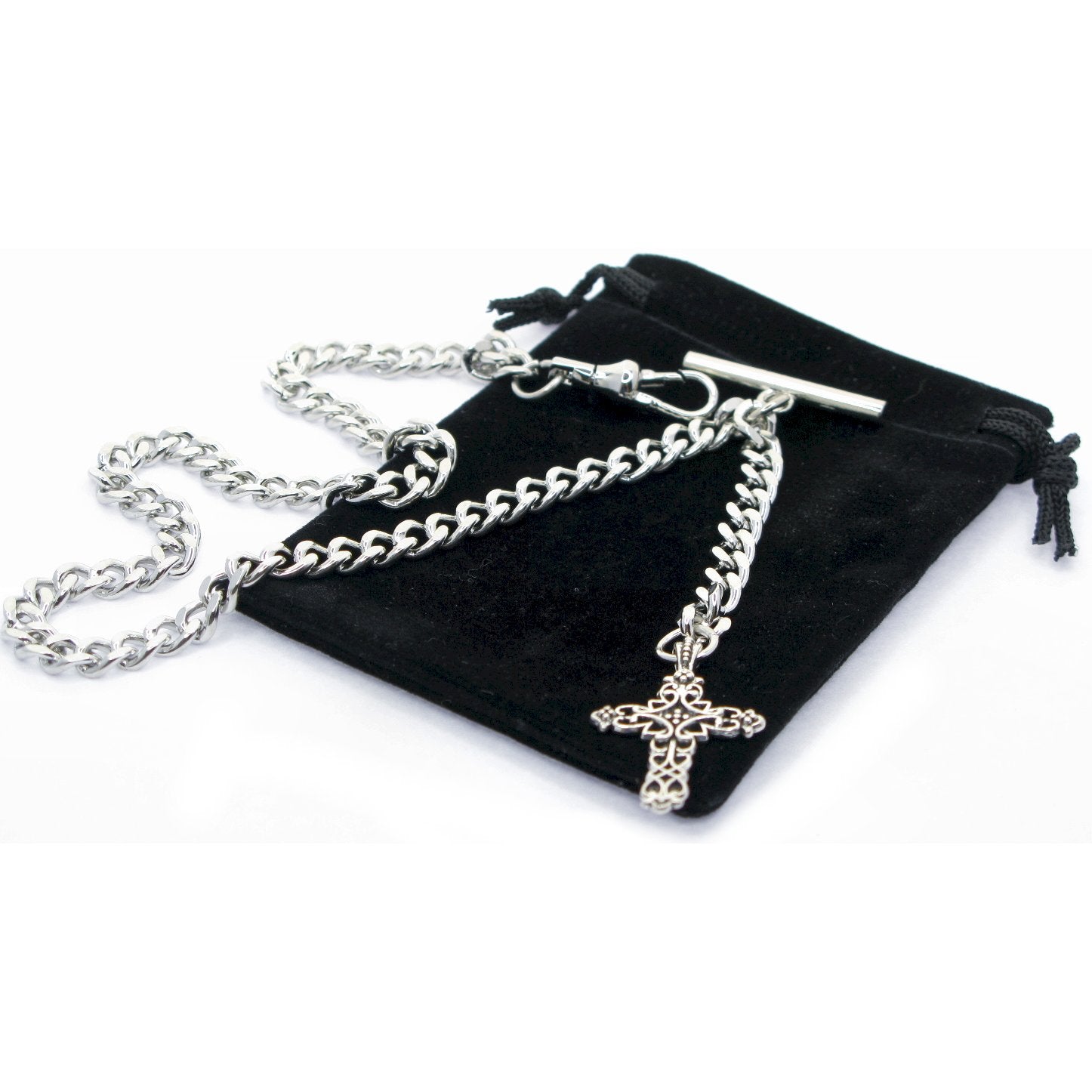 Albert Chain Silver Tone Fine Polish Pocket Watch Chain Vest Chain with Religious Cross Fob on Drop T Bar Swivel Clasp AC150