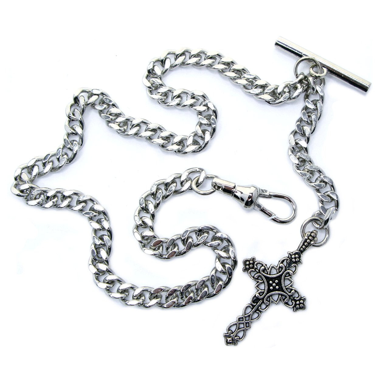 Albert Chain Silver Tone Fine Polish Pocket Watch Chain Vest Chain with Religious Cross Fob on Drop T Bar Swivel Clasp AC150