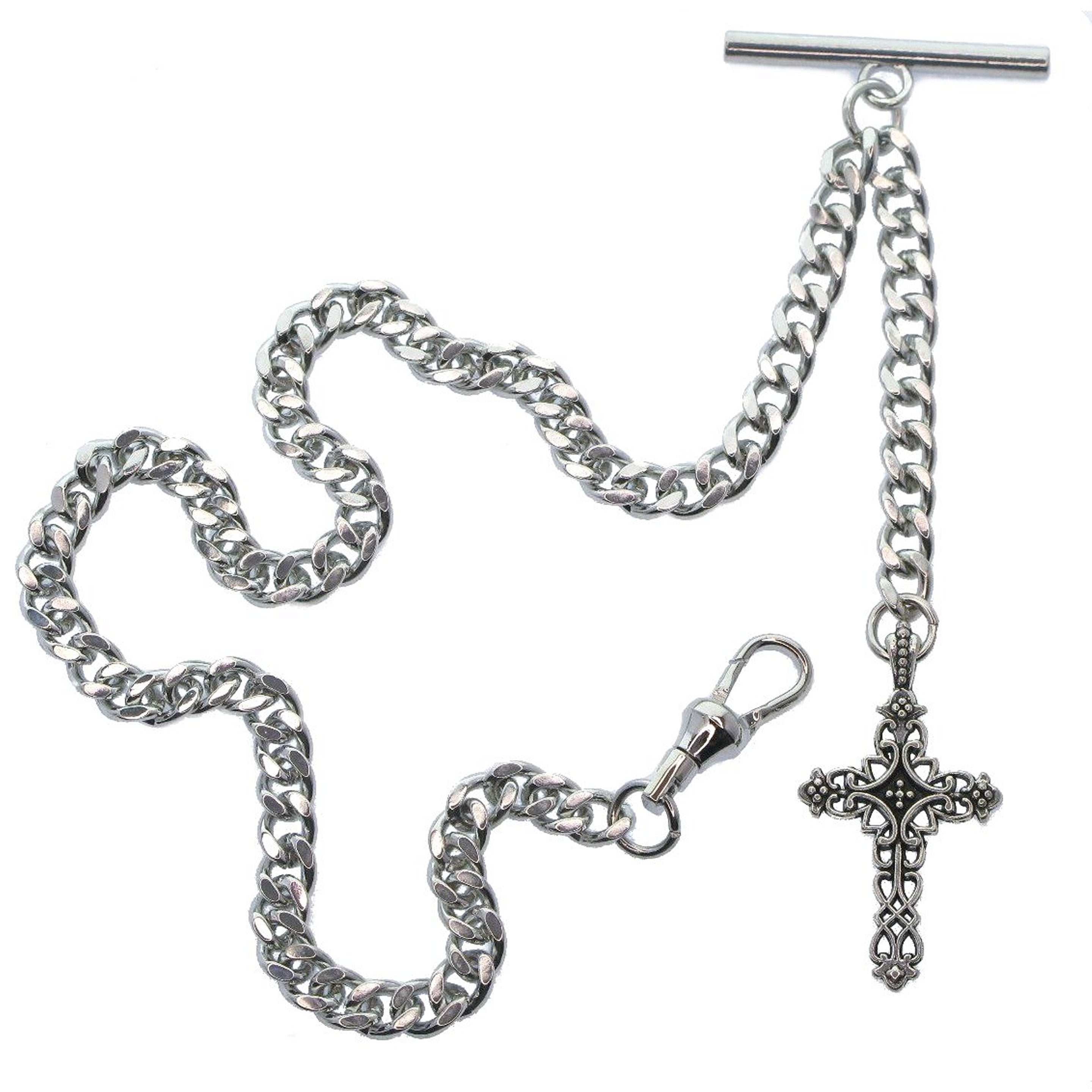 Albert Chain Silver Tone Fine Polish Pocket Watch Chain Vest Chain with Religious Cross Fob on Drop T Bar Swivel Clasp AC150