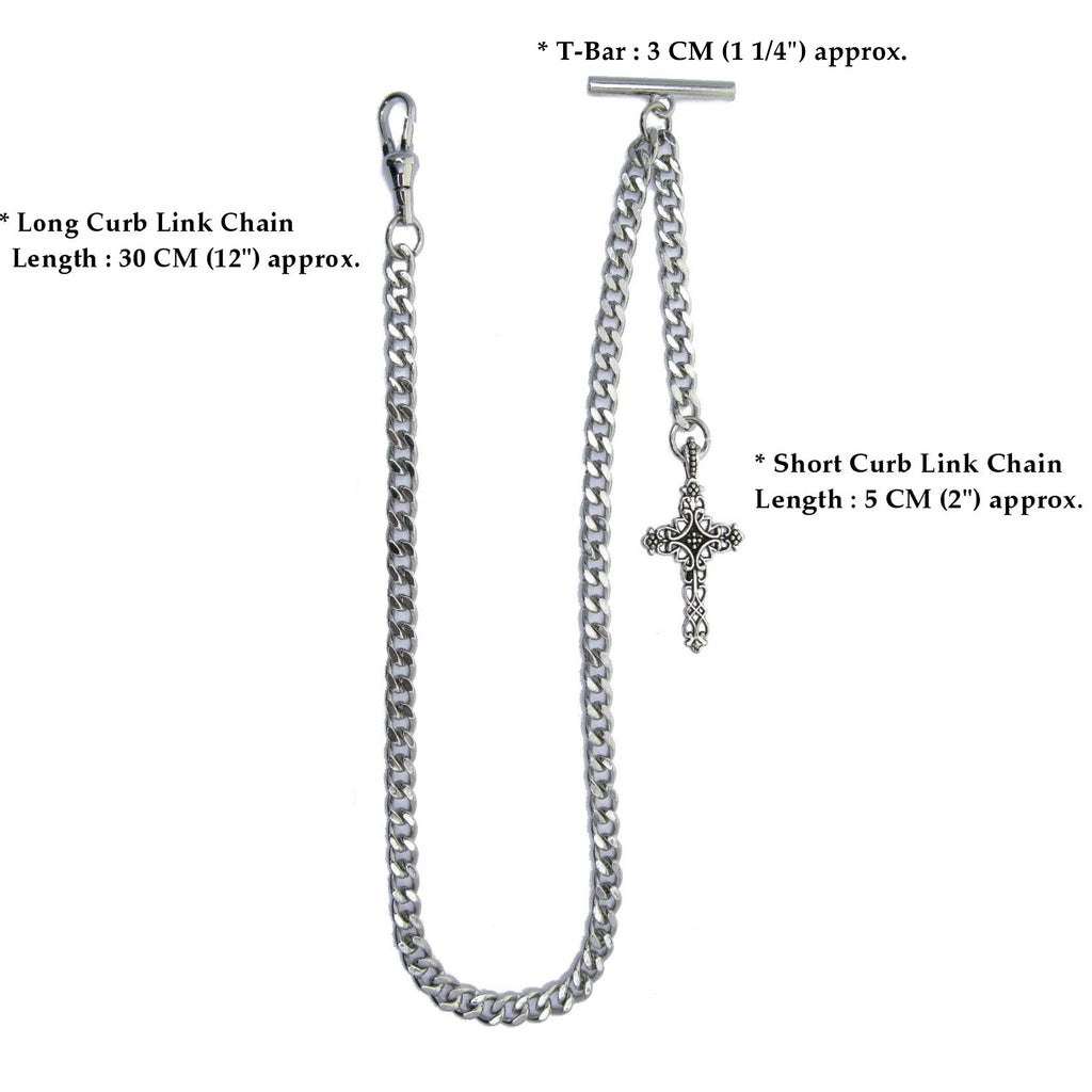 Albert Chain Silver Tone Fine Polish Pocket Watch Chain Vest Chain with Religious Cross Fob on Drop T Bar Swivel Clasp AC150