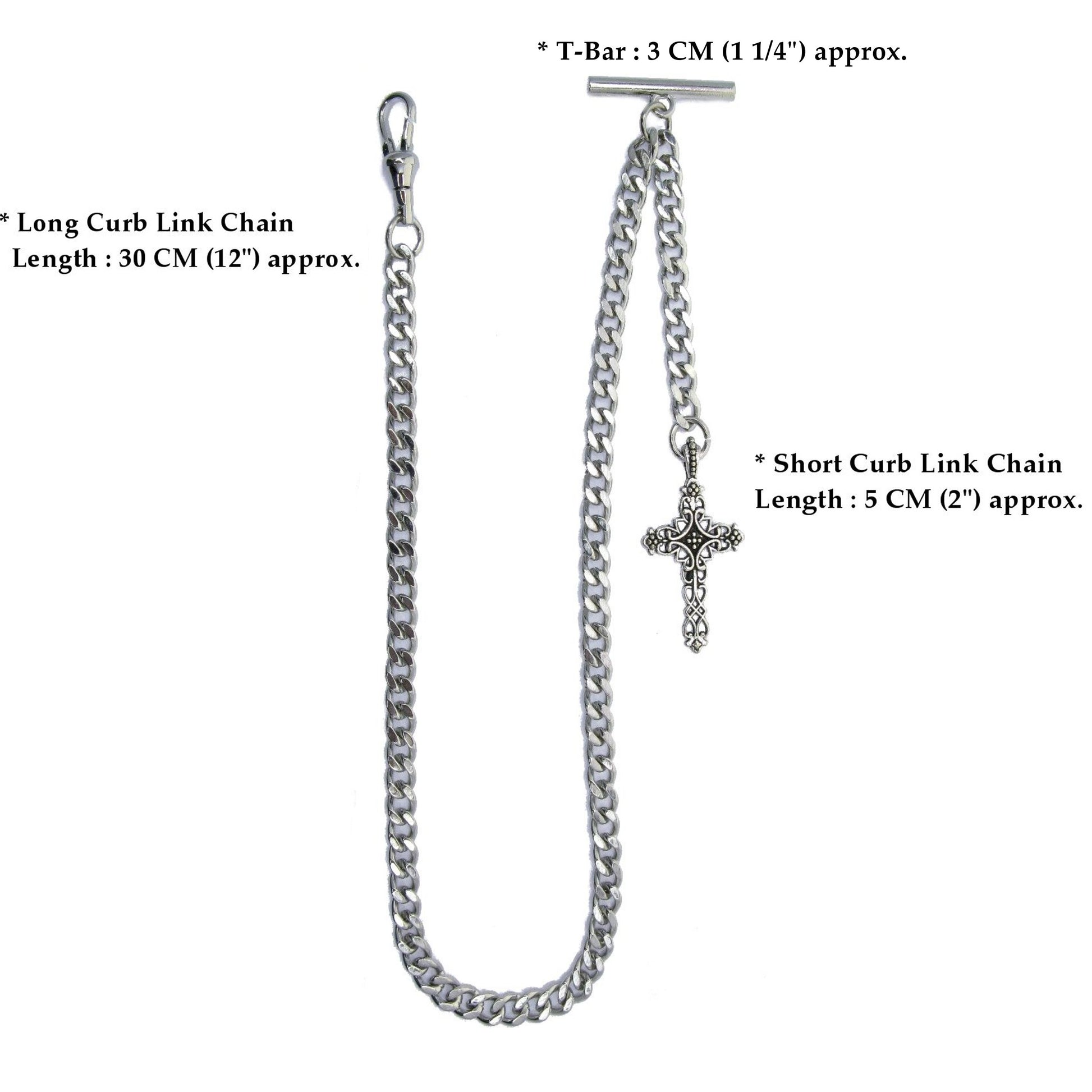 Albert Chain Silver Tone Fine Polish Pocket Watch Chain Vest Chain with Religious Cross Fob on Drop T Bar Swivel Clasp AC150