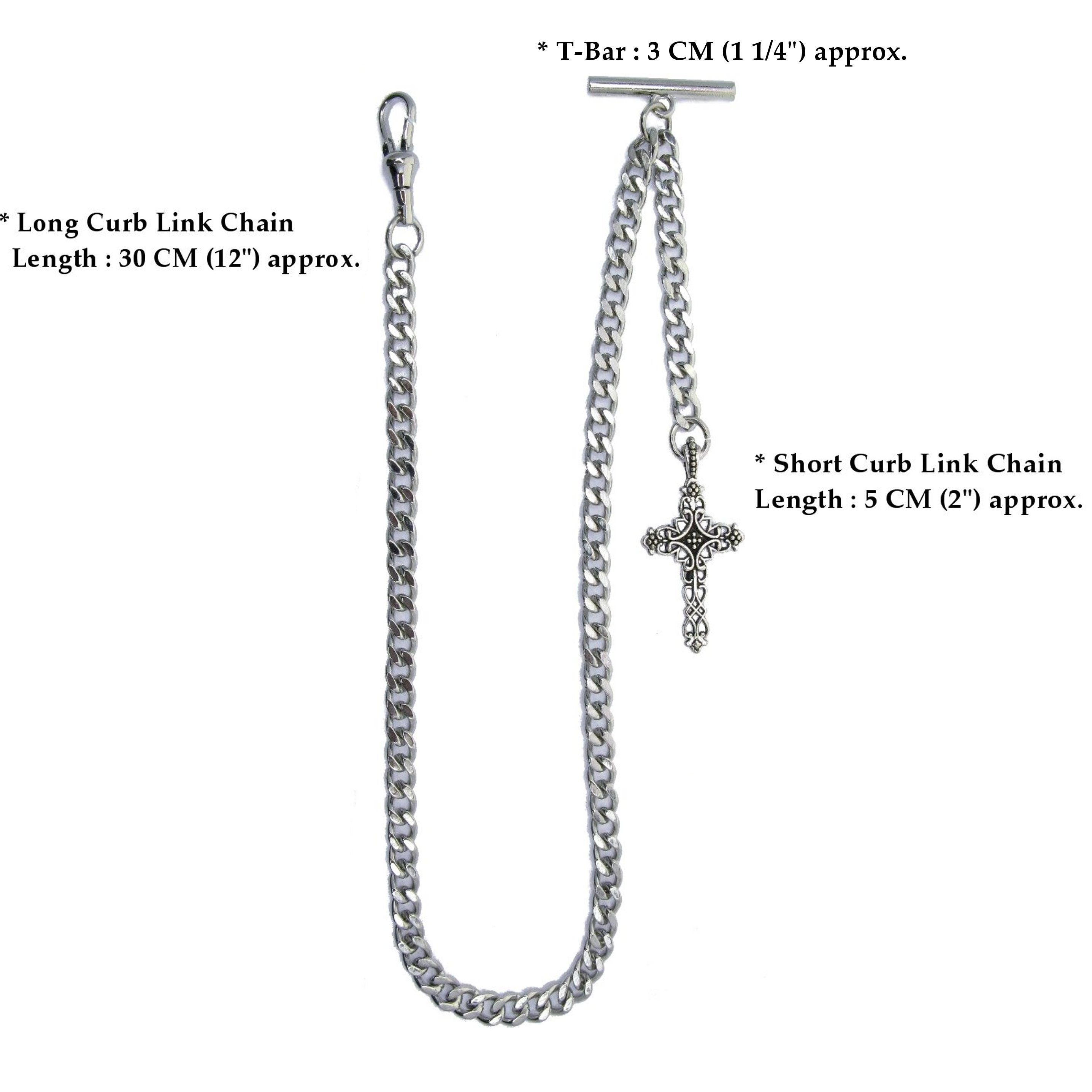 Albert Chain Silver Tone Fine Polish Pocket Watch Chain Vest Chain with Religious Cross Fob on Drop T Bar Swivel Clasp AC150