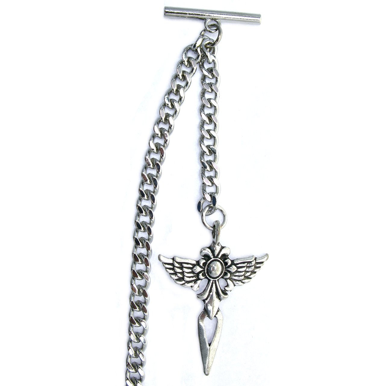 Albert Chain Silver Tone with Cross with Angle Wings Design Fob on Drop AC151
