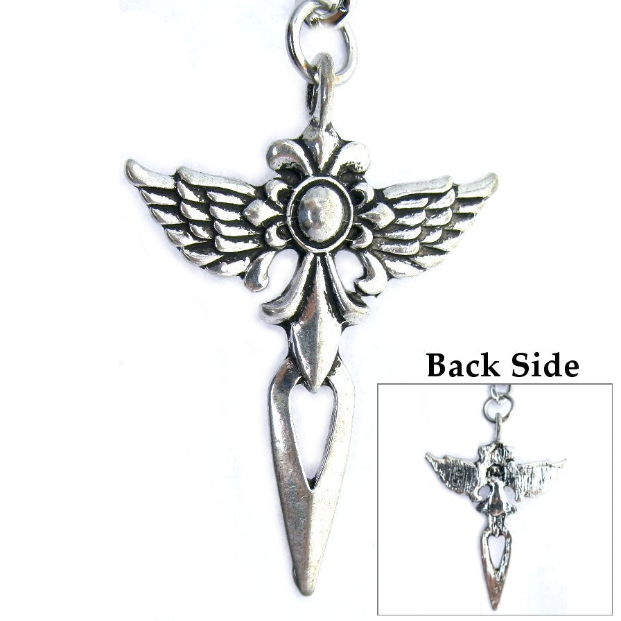 Albert Chain Silver Tone with Cross with Angle Wings Design Fob on Drop AC151