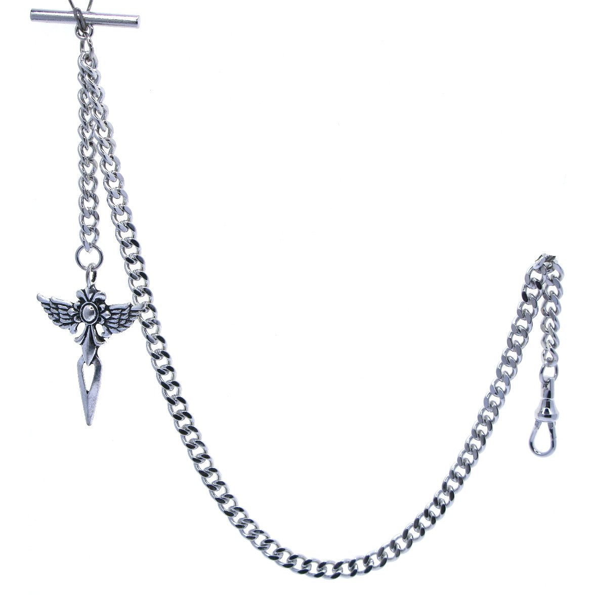 Albert Chain Silver Tone with Cross with Angle Wings Design Fob on Drop AC151