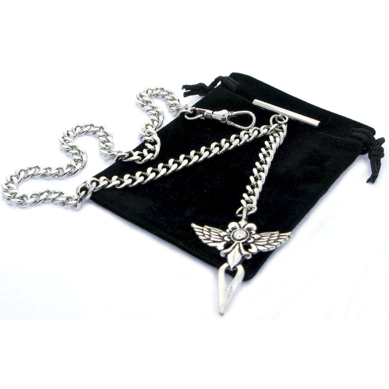 Albert Chain Silver Tone with Cross with Angle Wings Design Fob on Drop AC151