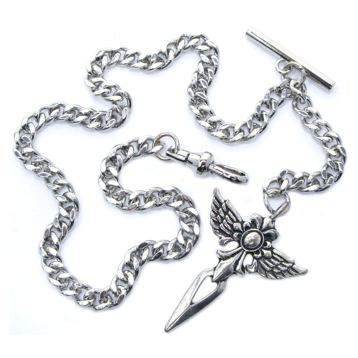 Albert Chain Silver Tone with Cross with Angle Wings Design Fob on Drop AC151