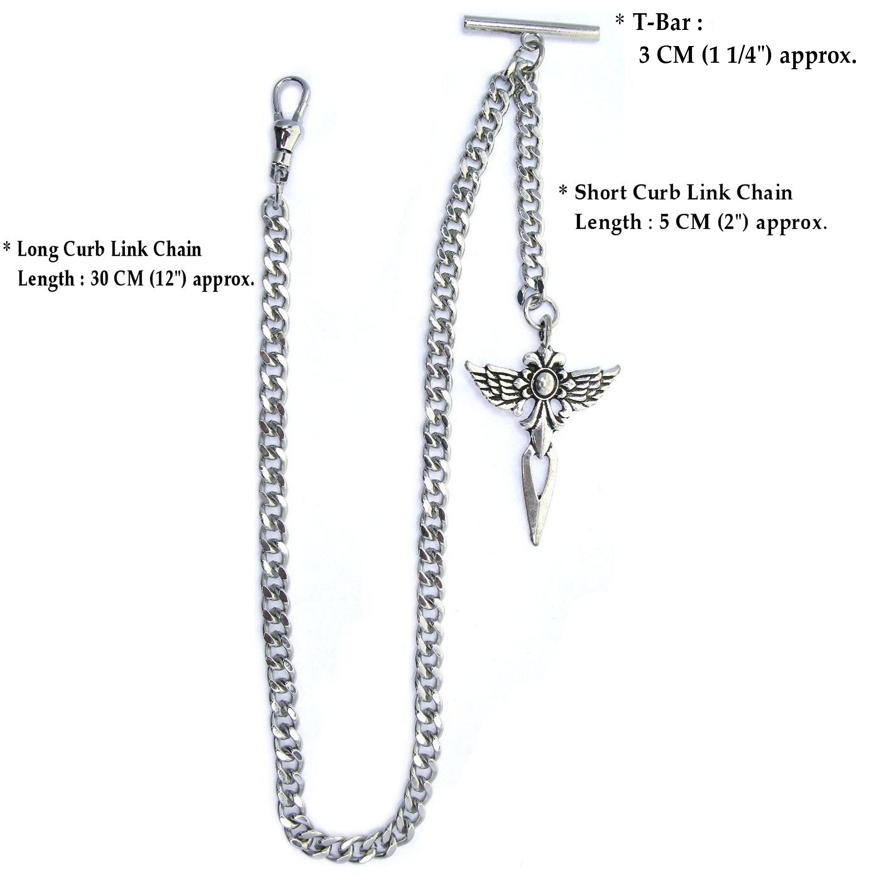 Albert Chain Silver Tone with Cross with Angle Wings Design Fob on Drop AC151