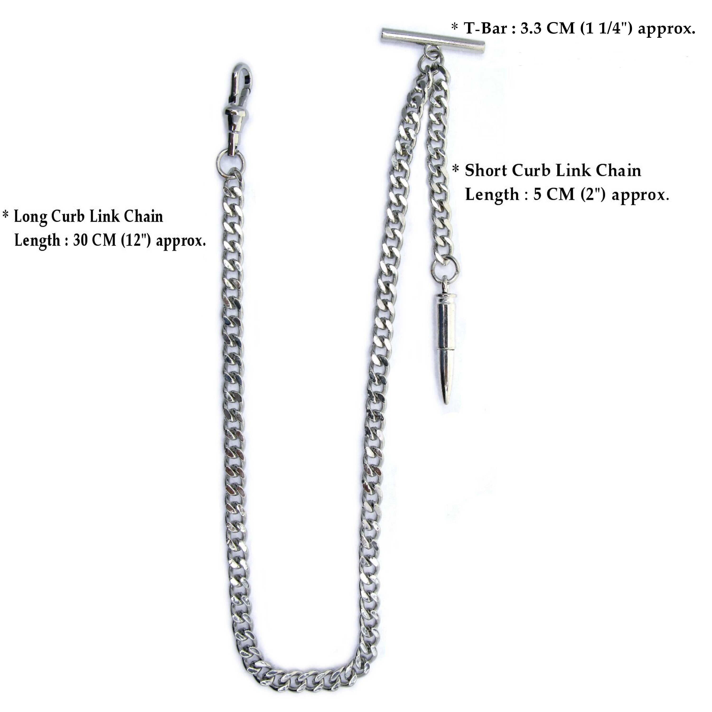 Albert Chain Silver Tone with Bullet Design Fob on Drop T Bar Swivel Clasp AC152