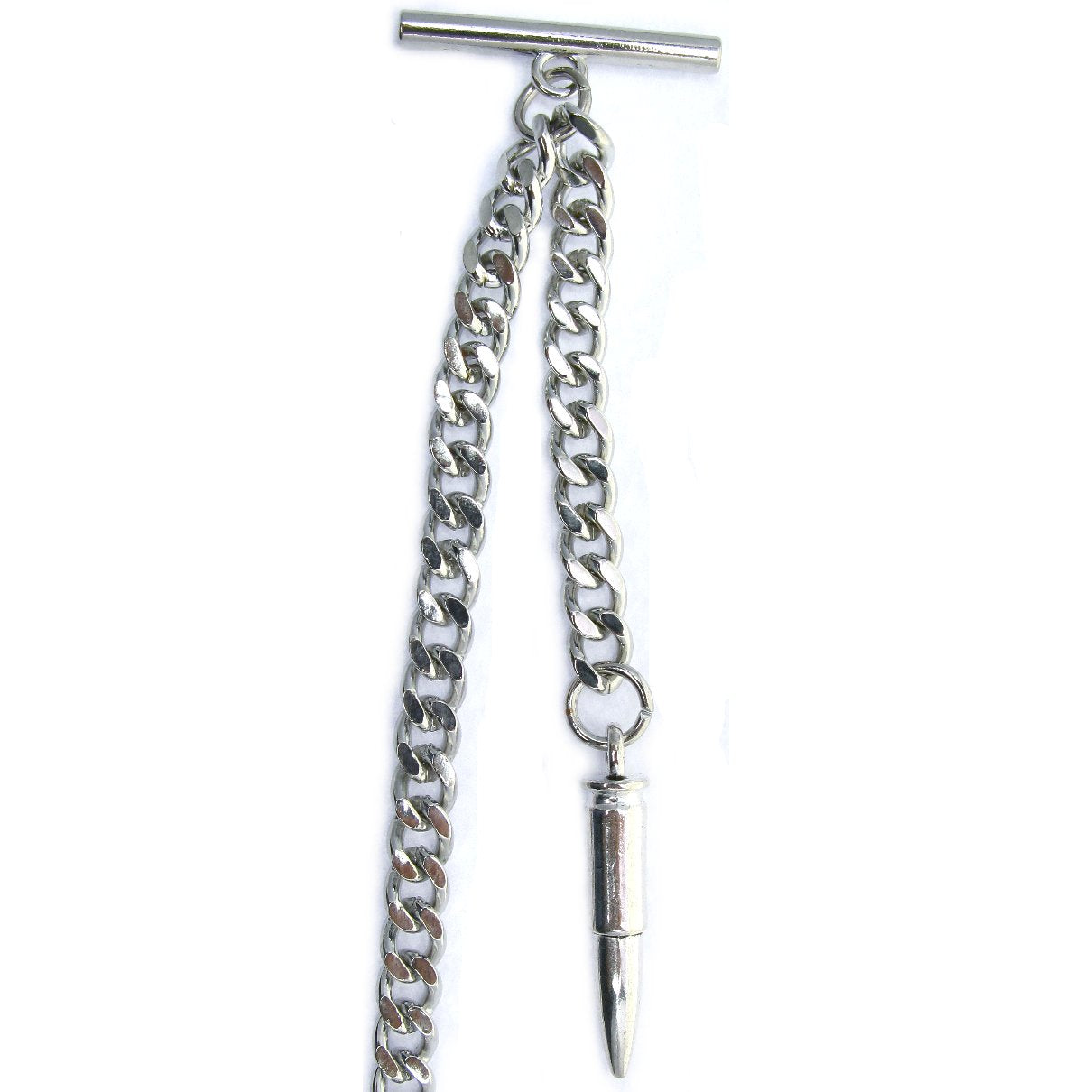 Albert Chain Silver Tone with Bullet Design Fob on Drop T Bar Swivel Clasp AC152