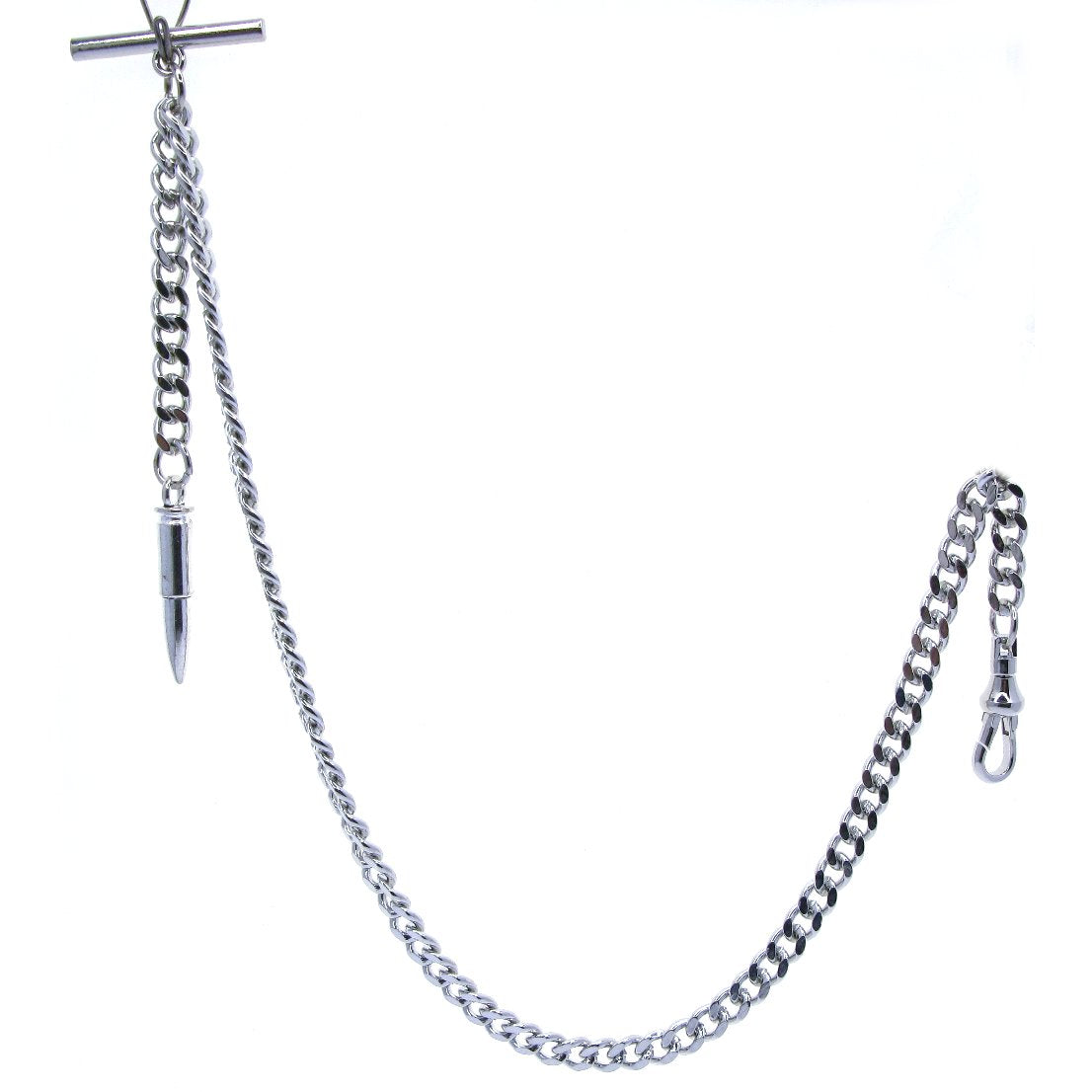Albert Chain Silver Tone with Bullet Design Fob on Drop T Bar Swivel Clasp AC152