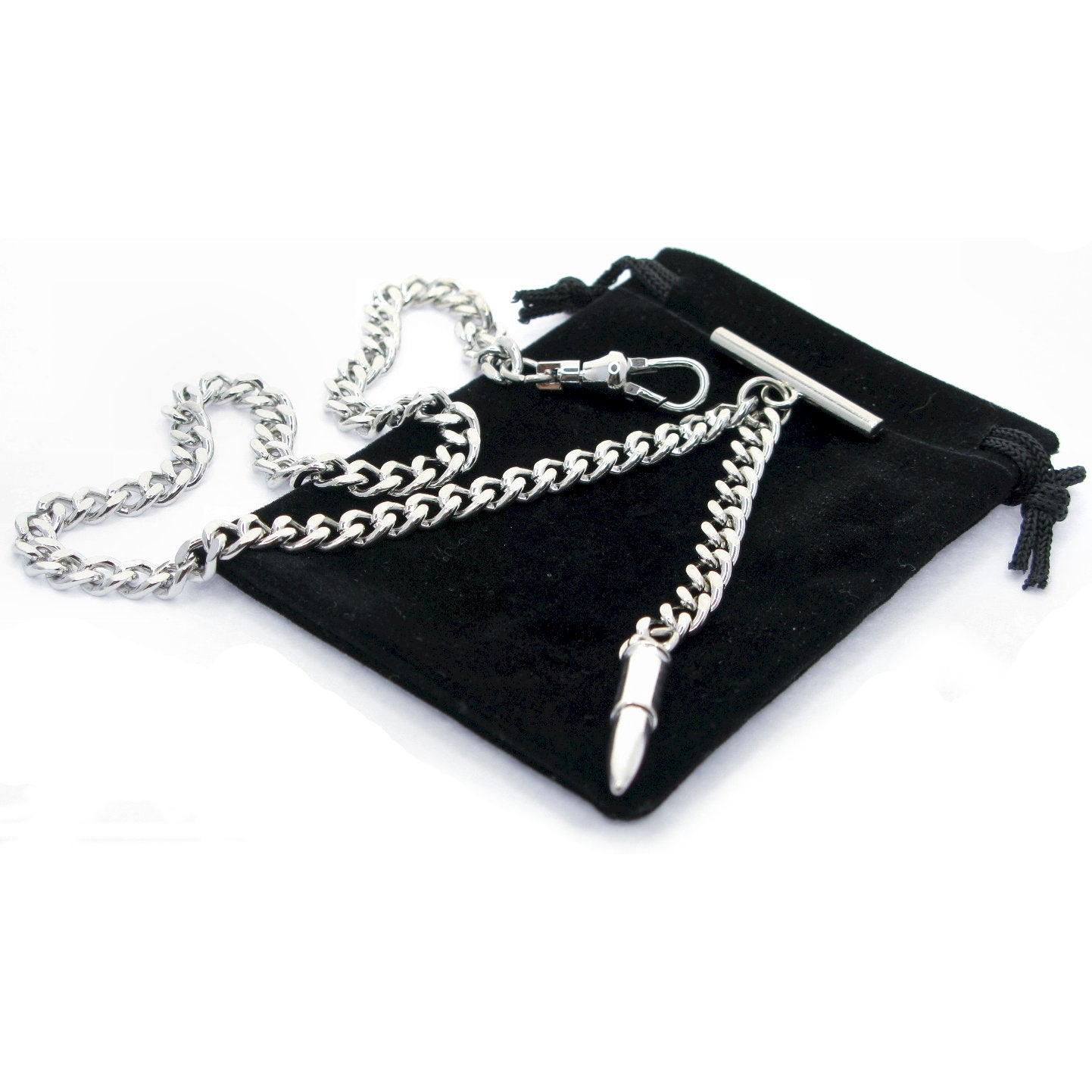 Albert Chain Silver Tone with Bullet Design Fob on Drop T Bar Swivel Clasp AC152